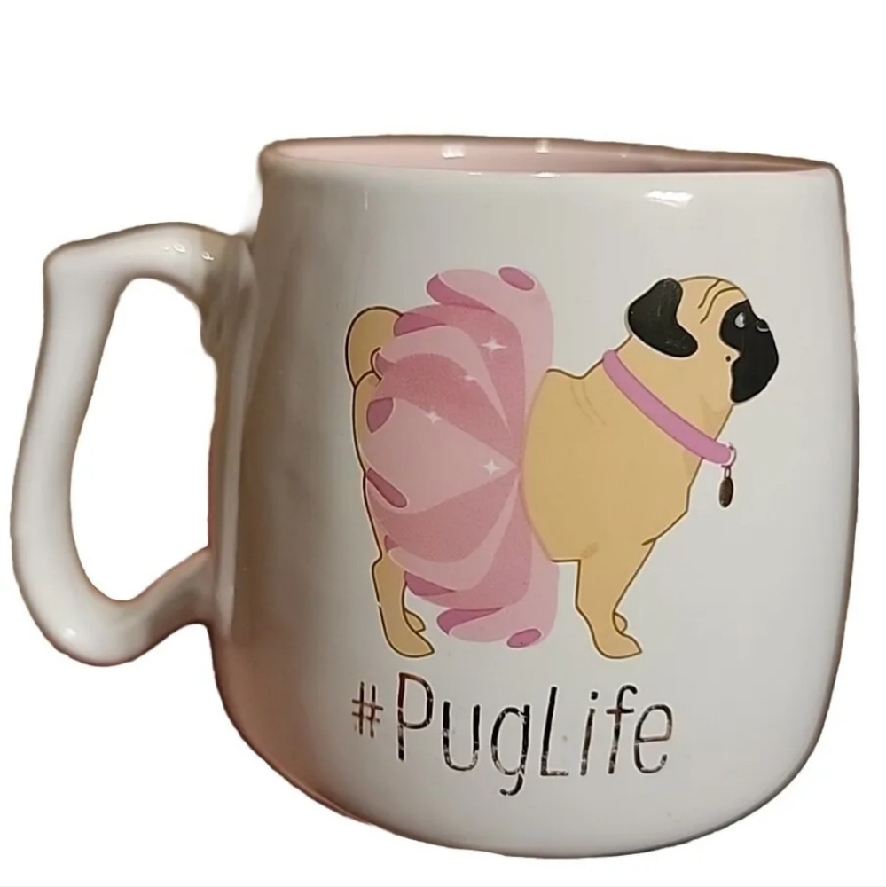 Large Pink & White Coffee Mug Cup #Pug Life 10 Strawberry Street Dog in a Tutu.